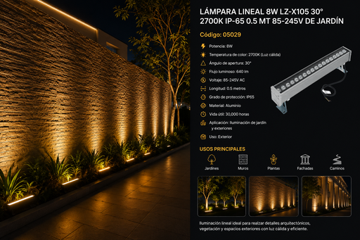 [05029] Lampara Lineal 8W LZ-X105 30º 2700K IP-65 0.5 MT 85-245V de Jardín