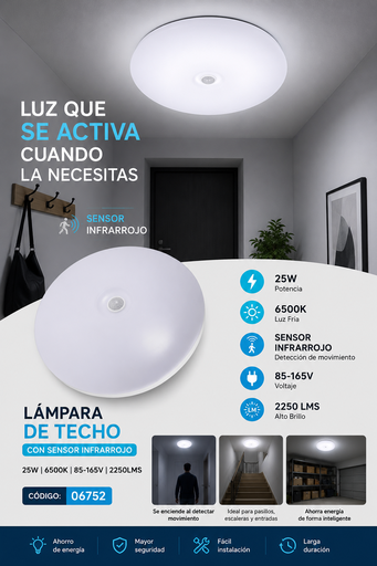 [06752] Lámpara de Techo 25W 6500K Con Sensor Infrarrojo 85-165V 2250lms