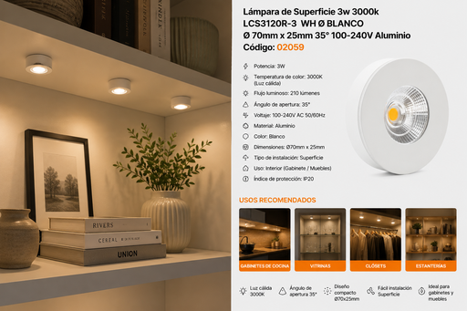 [02059] Lámpara de Superficie 3w 3000k LCS3120R-3 WH Ø Blanco Ø 70mm x 25mm 35° 100-240V Aluminio