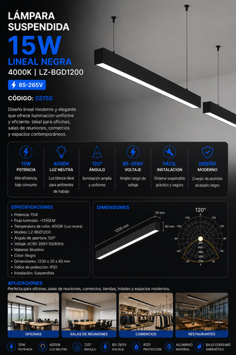 [02750] Lampara Suspendida 15w 4000k LZ-BGD1200 Lineal Negra 120° 85-265V 1200X35X60