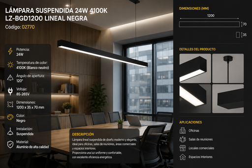 [02770] Lámpara Suspendida 24w 4100K LZ-BGD1200 1200X35X70 Negra Lineal 120° 85-265V