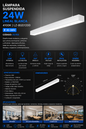 [02753] Lampara Suspendida 24w 4100k LZ-BGD1200 lineal BLANCO 120° 85-265V 1200X95x40