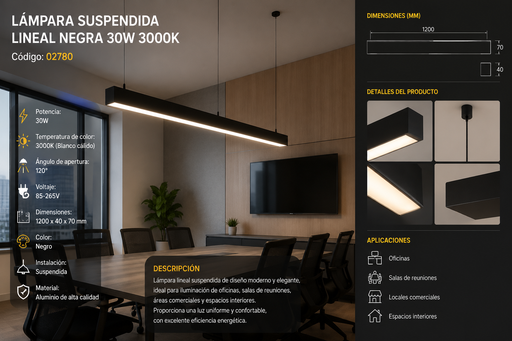 [02780] Lámpara Suspendida 30w 3000k LZ-BGD1200 Lineal Negra 120° 85-265V 1200X40X70