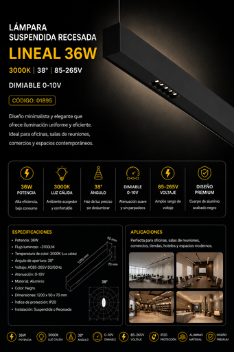 [01895] Lampara Suspendida Recesada 36W 3000K Lineal Dimeable Negro 0-10v 38° 85-265V 1200X50x70