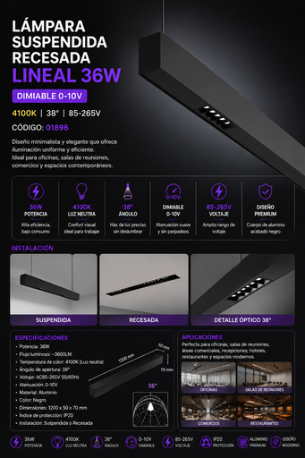 [01896] Lampara Suspendida Recesada 36W 4100K Lineal Dimiable Negro 0-10v 38° 85-265V 1200X50x70