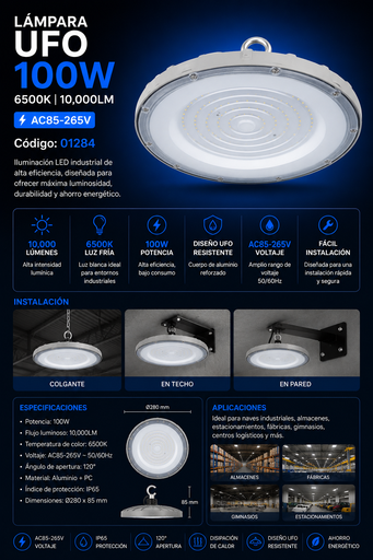 [01284] Lampara UFO 100W 6500K B60736 AC85-265V. 10,000LM