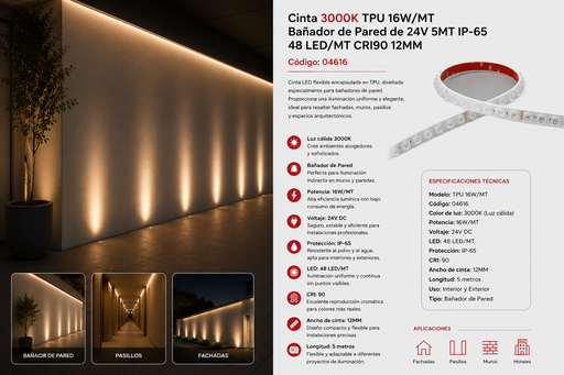 [04616] Cinta 3000K TPU 16W/MT Bañador de Pared 24V 5MT IP-65 48 LED/MT CRI90 12 MM