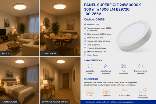 [05659] Panel Superficie 24W 3000K 300 mm 1800 LM B29720 100-265V ROOMLUX