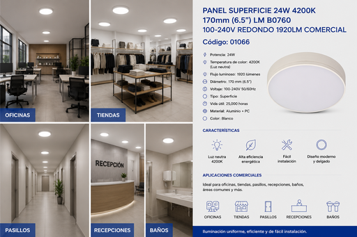 [01066] Panel Superficie 24w 4200k 170mm (6.5") LM B0760 100-240V Redondo 1920LM Comercial