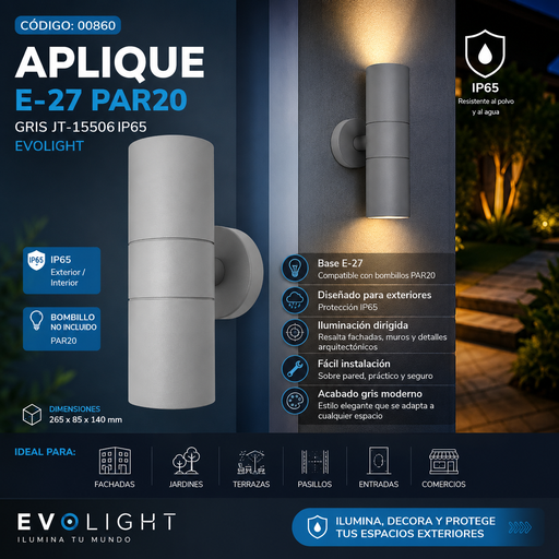 [00860] Aplique E-27 PAR 20 Gris JT-15506 265*85*140 IP 65 EVOLIGHT
