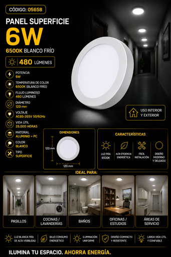 [05658] Panel Superficie 6W 6500K 120 mm 480 LM B29720 ROOMLUX