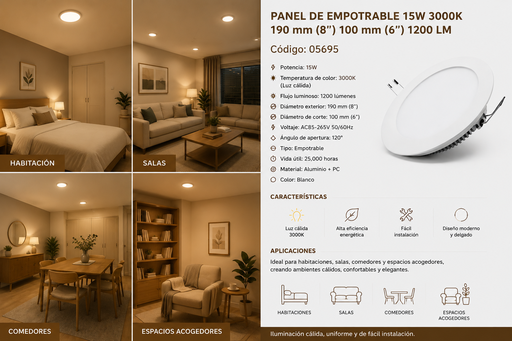 [05695] Panel de Empotrable 15W 3000K 190 mm (8¨) 100 mm (6¨) 1200 LM B29705 ROOMLUX
