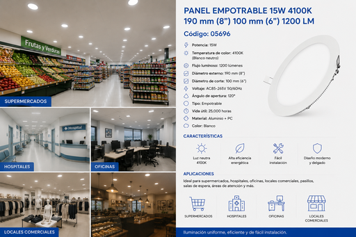 [05696] Panel Empotrable 15W 4100K 190 mm (8¨) 100 mm (6¨) 1200 LM B29705 ROOMLUX