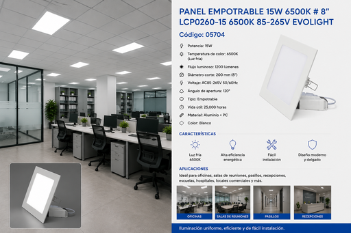 [05704] Panel Empotrable 15W 6500k # 8" LCP0260-15 6500K 85-265V EVOLIGHT