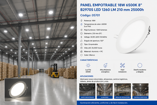 [05701] Panel Empotrable 18W 6500K 8" B29705 LED 1260 LM ROOMLUX 210 mm 25000h
