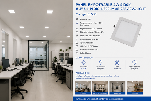 [05500] Panel Empotrable 4W 4100K # 4" ML-PL01S-4 300LM 85-265v EVOLIGHT
