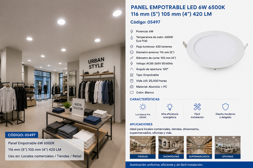 [05497] Panel Empotrable 6W 6500K 116 mm (5¨) 105 mm (4¨) 420 LM B29705 ROOMLUX