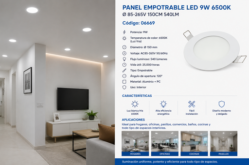 [06669] Panel Empotrable 9W 6500K Ø 85-265V 150CM 540LM
