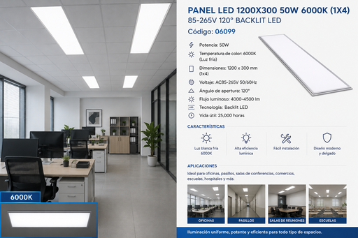 [06099] Panel 1200X300 50W 6000K (1X4) 85-265V 120° Backlit LED