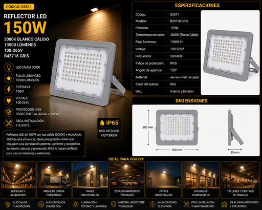 [05511] Reflector 150W 3000K 100-265V B43718 ROOMLUX GRIS 13500 lm IP-65