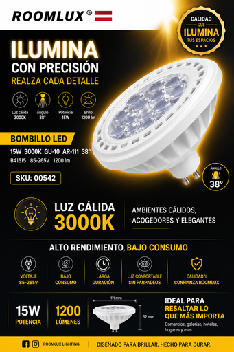 [00542] Bombillo 15w 3000k GU-10 AR-111 38º B41515 85-265V 1200 lm ROOMLUX