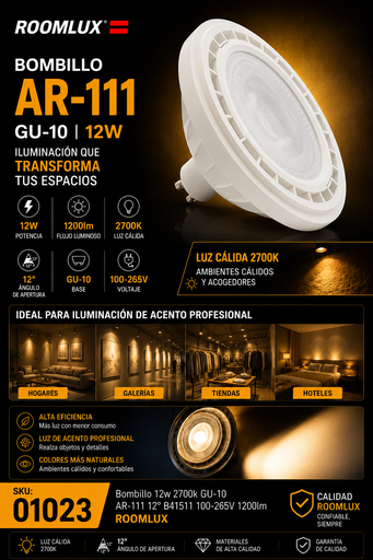 [01023] Bombillo 12w 2700k GU-10 AR-111 12º B41511 100-265V 1200lm Roomlux