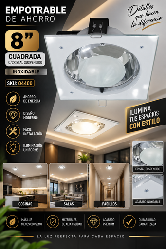 [04400] Empotrable de Ahorro 8″ C/Cristal Suspendido Cuadrada Inoxidable