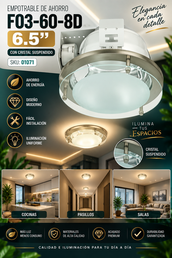 [01071] Empotrable de Ahorro 6.5″ F03-60-8D C/Cristal Suspendido EVOLIGHT