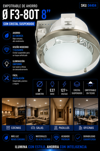 [04404] Empotrable de Ahorro Ø F3-80T 8″ con Cristal Suspendido Evoligth