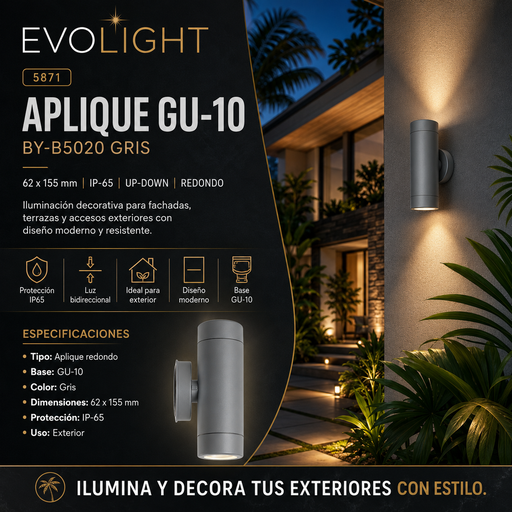 [05871] Aplique GU-10 BY-B5020 Gris 62 x 155 IP-65 UP-Down Redondo Evolight