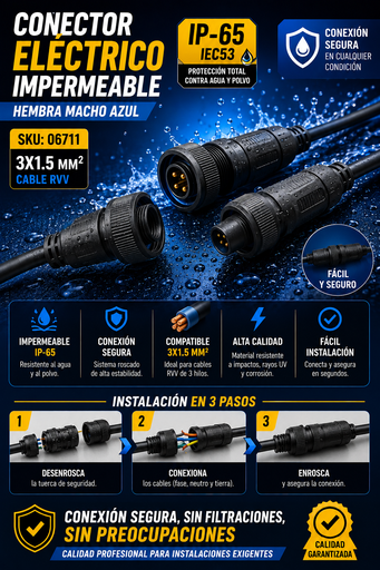 [06711] Conector Eléctrico Impermeable 3X1.5 MM2 Hembra Macho Azul IP-65 IEC53 RVV