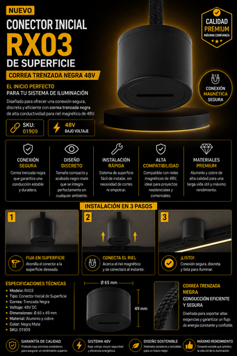 [01909] Conector Inicial RX03 de Superficie 65 x 49 de Correa Trenzada Negra 48v