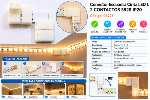 [06277] Conector Escuadra Cinta LED L 2 CONTACOTS 3528 IP20