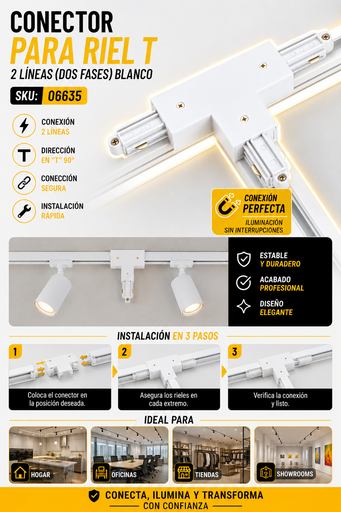 [06635] Conector para Riel T 2 Líneas (Dos Fases) Blanco