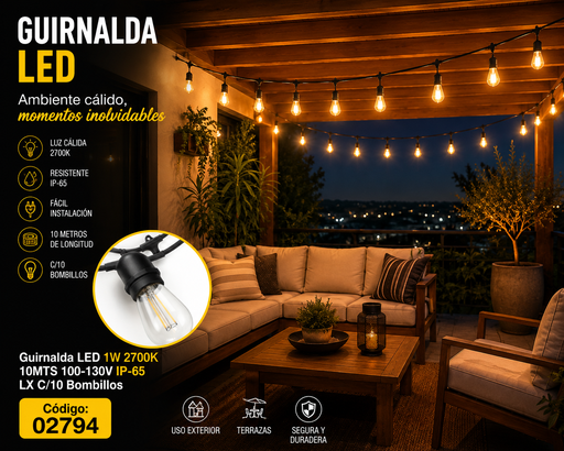 [02794] Guirnalda LED 1W 2700K 10MTS 100-130V IP-65 LX C/10 Bombillos