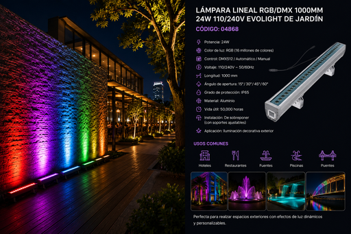 [04868] Lampara Lineal RGB/DMX 1000MM 24W 110/240V EVOLIGHT de Jardín (outlet)