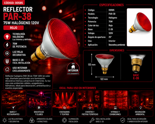 [00585] Reflector PAR-38 75W Halógeno 120V Rojo