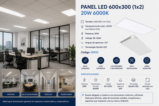 [00952] Panel 600x300 6000k 20w LZ-PB300X600 (1X2) 85-265V 120° Backlit Led