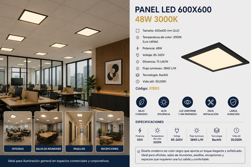[01883] Panel 600X600 3000K 48w B29762 BK 85-265V 75/lm/w 3840 L/M backlit Negro Roomlux 30,000h