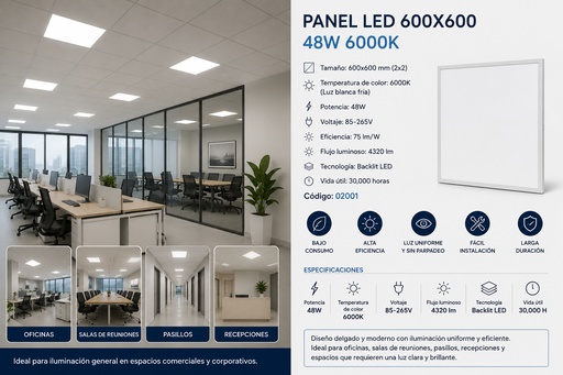 [02001] Panel 600X600 6000K 48w B29762 85-265V 75/LM/W 4320L/M Backlit Blanco Roomlux 30,000h