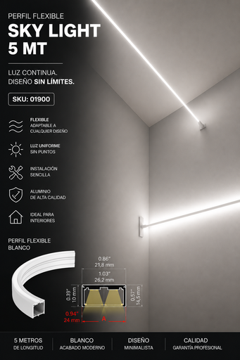 [01900] Perfil Flexible Blanco SKY LIGHT 5 MT con Terminales 2 CNT Ancho