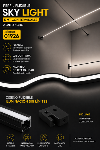 [01926] Perfil Flexible Negro Sky LIGHT 5 MT con Terminales 2 CNT Ancho
