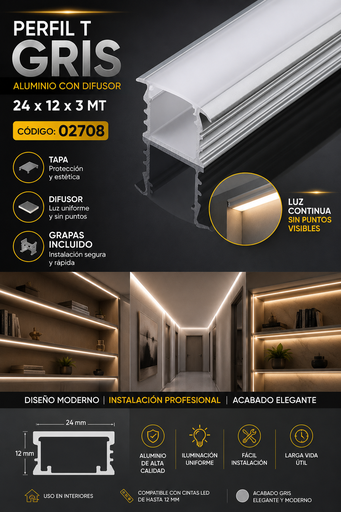 [02708] Perfil T Gris 24 x 12 x 3 MT Aluminio con Difusor