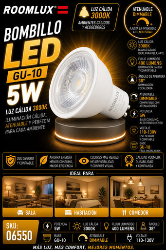 [06550] Bombillo 5w 3000k GU-10 B5585 dimeable 110-130V ROOMLUX