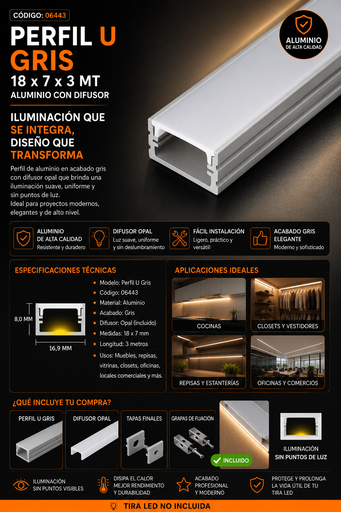 [06443] Perfil U Gris 18 x 7 x 3 MT Aluminio con Difusor