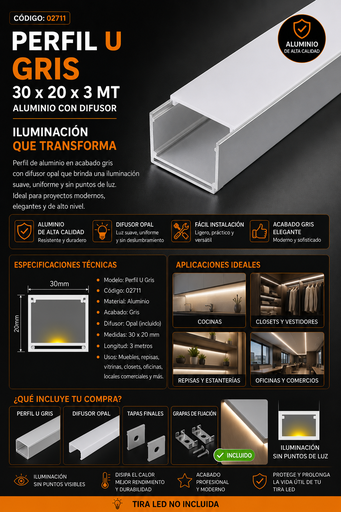 [02711] Perfil U Gris 30 x 20 x 3 MT Aluminio con Difusor