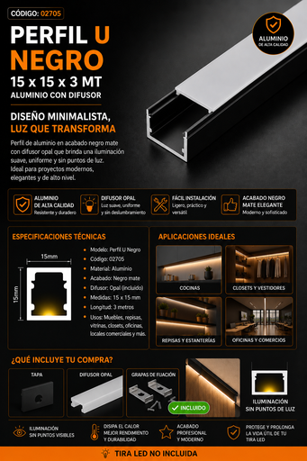 [02705] Perfil U Negro 15 x 15 x 3 MT Aluminio con Difusor