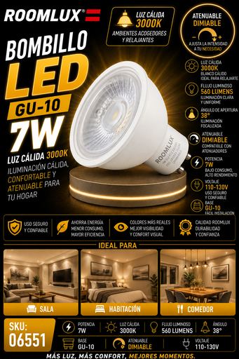 [06551] Bombillo 7W 3000k GU-10 B05585 560lm Dimeable 110-130V ROOMLUX