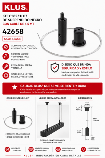 [42658] Kit C28231L07 de Suspendido Negro con Cable de 1.5 MT KLUS