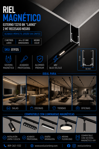 [01935] Riel Magnético Externo T2210 BK "LARKO" 2 MT 44*51 mm Recesado Negro